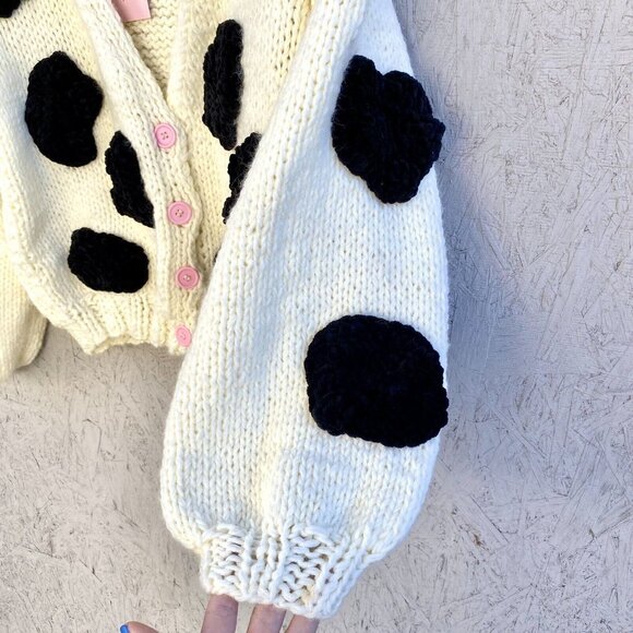 NWT BYDNA Handmade Chunky Knit Cow Patch Oversized Cropped Cardigan Sweater Sz M - Picture 5 of 7